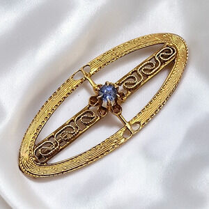 10K Gold Blue Spinel Filigree Oval Brooch CXK Edwardian Deco c1915 Champenois